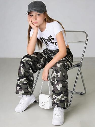 Azmxynol Tween Girls Clothes 2 Piece Outfit Bow T-Shirt Top + Cargo Pants Teen Girl Clothing Set, Sizes 7-16 Years thumbnail 4