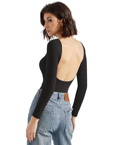 SUUKSESS Women Backless Y2k Long Sleeve Bodysuit Double Lined Open Back Sexy Basic Top thumbnail 3