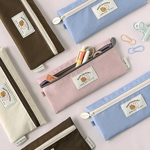 Monolike Happy and Lucky Flat Pencil Case, Brown - Slim Water-Resistant Nylon Pen Pouch, Aesthetic Pastel Stationery Organizer for Office thumbnail 6