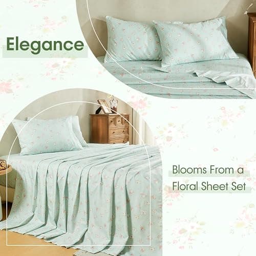 HYPREST Mint Floral Sheets Queen Size, Deep Pocket Sheets Soft Breathable Farmhouse 4pcs Bed Sheet Sets thumbnail 6