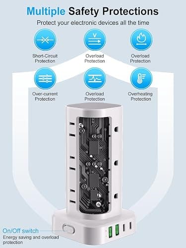Power Strip with Wireless Charger, Flat Plug Surge Protector with 10FT Extension Cord, 12 AC Multiple Outlets, 4 USB (2 USB C), 15W Wireless Charging Power Tower for Home Office Dorm, White thumbnail 8