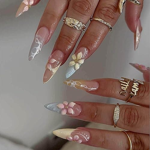 Gleamrain Long Press on Nails Almond with Flower and French Tips Designs Summer Fake Nail for Women 24pcs thumbnail 4