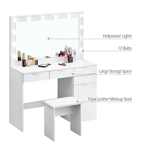 TUKAILAi White Large Dressing Table Set with Hollywood 12 LED Lights Mirror and Cushioned Stool, Vanity Desk Set Makeup Table with 4 Drawers and Storage Unit Dresser for Bedroom Girls Women thumbnail 7