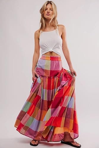 Women's Multicolour Plaid Print Ruched High Waist Casual Maxi Skirt thumbnail 5