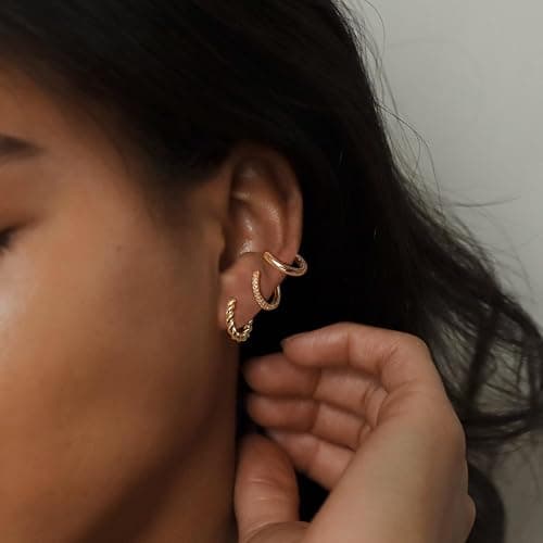 MIDEEO Gold/Sliver Chunky Hoop Earrings Set for Women, 14K Gold Plated Twisted Huggie Hoop Earring Hypoallergenic Thick Open Lightweight Chunky Hoop Earrings Jewelry for Gifts thumbnail 4