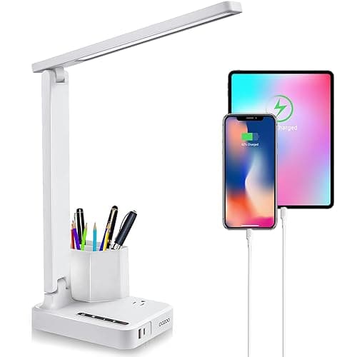 COZOO LED Desk Lamp with 2 USB Charging Ports,Type C Port,1 AC Outlet,2 Pen Holders,3 Color Temperature 3 Brightness Level,Touch/Memory/Timer,10W Eye Protection Foldable Reading Light,Study Lamp-White - White 2.0 with pen holders thumbnail 2