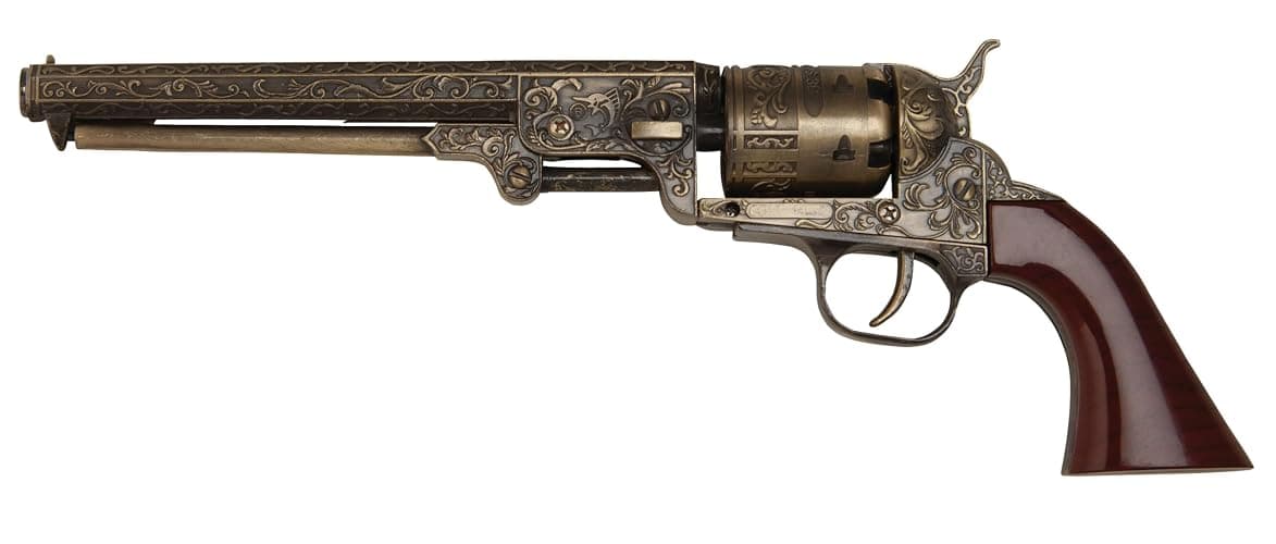 Outlaw Revolver Replica with Stand | 6 1/2" Stainless Steel Barrel | Wooden Grip | Includes Display Stand | Authentic Replica thumbnail 5