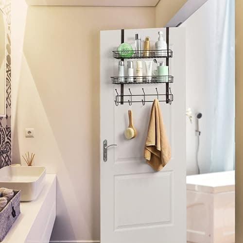 OYEAL Türgarderobe mit 5 Haken, 2 Körben, Stahl, stabil, langlebig, Garderobenleiste, Handtuchhaken, Hänge-Organizer, Regale für Zuhause, Schlafzimmer, Badezimmer, Küche, Braun thumbnail 5
