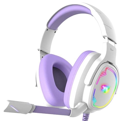 Jimonyer Gaming Headset for PS5 PS4 PC Xbox Series X|S Switch, 7.1 Stereo Surround Sound Over Ear Headphones with Noise Canceling Mic, RGB LED Light, Soft Memory Earmuffs for Gaming or Work, Purple - Image 1