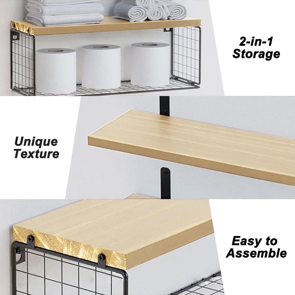 HAWOO Repisas Flotantes, 3PCS Repisas para Baño con Cesta de Alambre, Recamara, Cocina, Sala, Fáciles de Instalar, 40x15.2 CM (Madera) thumbnail 4