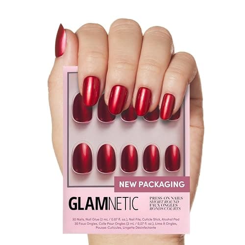 Glamnetic Press On Nails - Short Round, Glazed Fake Nails 30 Pc Full Kit | Cherry red press on nails, 15 sizes. High-shine glue-on set. Waterproof, chip-resistant, up to 2 weeks wear - Image 1