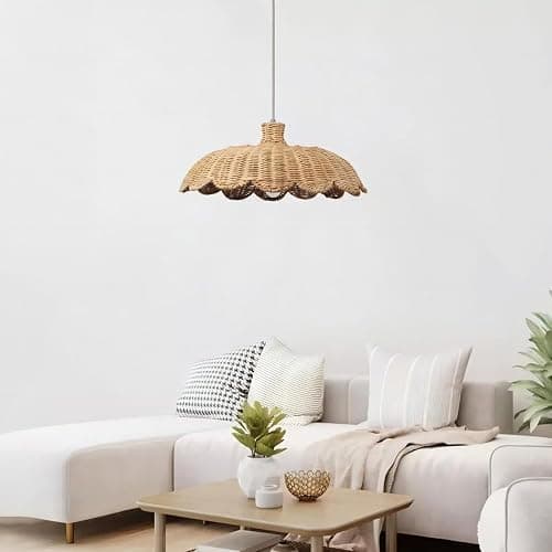 MIXL-Rattan Woven Beige Pendant Light,Scalloped Shade Small Hanging Light,Rustic Kitchen Island Lighting,Boho Style Pendant Lamp for Living Room Bedroom - Image 1