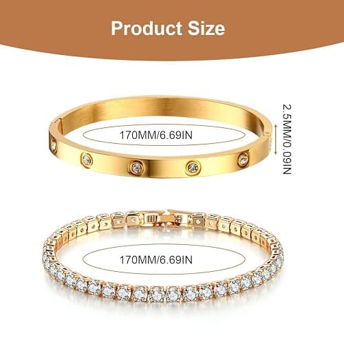 NTRUXZP Tennisarmband Damen Zirkonia Armreif : 2Pcs Armband für Frauen Edelstal 6mm Breit 17cm Armbänder Schmuck Geschenk golden für Mama Freund Tochter thumbnail 2
