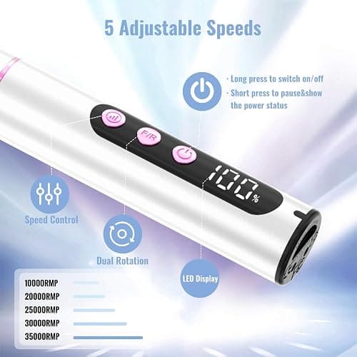 Denabuty Nagelfräser Kabellos, Elektrische Nagelfeile Professionelle 2 in 1 Fräser für Gelnägel Acrylnägel mit Nagel UV LED Lampe, Maniküre und Pediküre Set Nail Drill 35000 U/Min Silber thumbnail 5