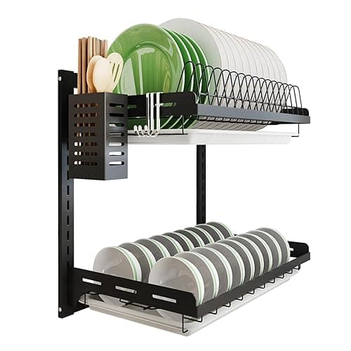 junyuan Kitchen Dish Rack,Hanging Dish Drying Rack Organizer Storage Shelf Over Sink,2 Tier Wall Mount Bowl Holder with Drain Tray and Silverware Stainless Steel Black Coating Ajustable Height - Image 1