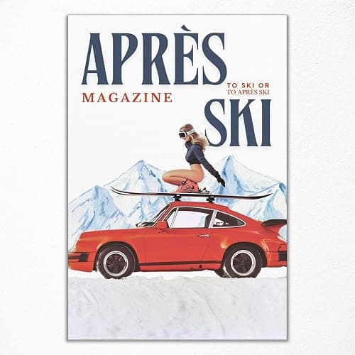 Venphude Apres Ski Canvas Wall Art, Trendy Magazine Cover Poster, Vintage Winter Snow Mountain Picture, Funky Ski Girl and Car Print, Fashion Skiing Art for Ski Lodge Party Wall Decor 8x12in Unframed - Image 1