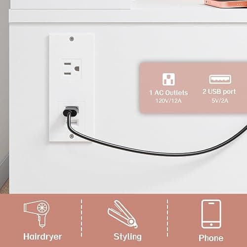 Haewon White Vanity Desk with Mirror and Lights, Makeup Vanity with Charging Station and 3 Lighting Modes, Dressing Table Set with Storage Cabinet, Drawers and Chair for Girls Bedroom thumbnail 5