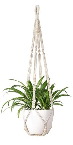 Mkono Macrame Plant Hanger Indoor Hanging Planter Basket with Wood Beads Decorative Flower Pot Holder No Tassels for Indoor Outdoor Boho Home Decor 35 Inch, Ivory, Set of 1 (POTS NOT Included) - Image 1