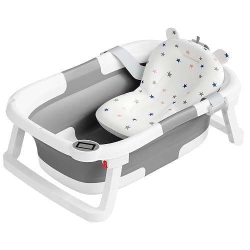 napei Collapsible Baby Bathtub,Baby Bath Tub with Soft Cushion & Thermometer,Baby Bathtub Newborn to Toddler 0-36 Months,Portable Travel Baby Tub - Bath Tub Pro - Gray - Image 1