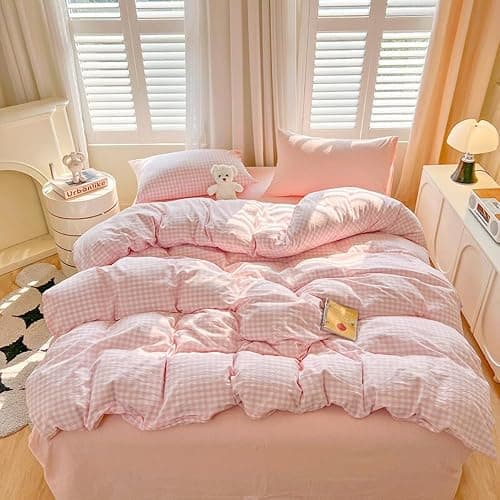 Michorinee Double Duvet Cover Set Pink White Plaid Pattern Country Style Bedding Set with Zipper Closure Aesthetic Cute Gingham Grid Washed Microfibre Girls Quilt Cover with 2 Pillowcases 50x75 cm thumbnail 3