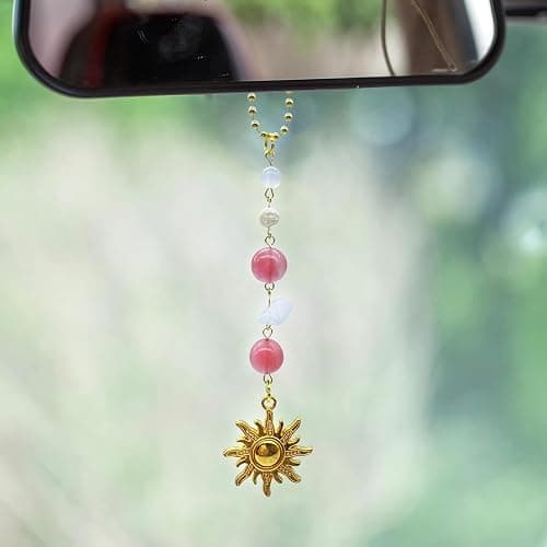 Sun Hanging Car Charm,Green and Gold Rear View Mirror Accessories Cute Boho Dangling Sun Car Decor Handmade Healing Crystals Stones Ornament Gifts for Women Men (Pink) - Image 1