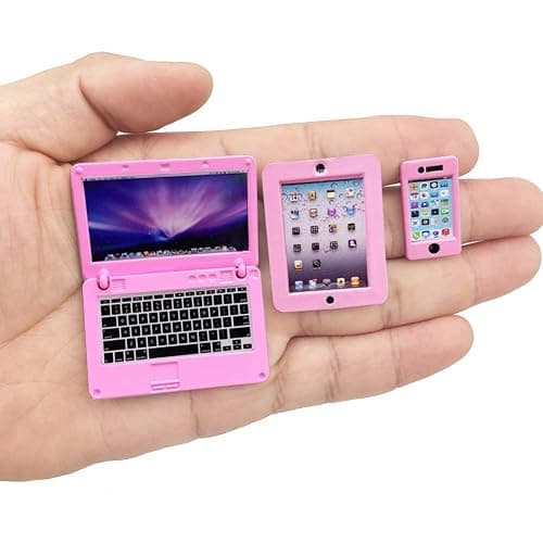 3 Pack Dollhouse Mini Laptop Tablet and Smart Phone Scene Computer Simulation Accessories for Doll 1/6 1/12 Miniatures Silver - Image 1