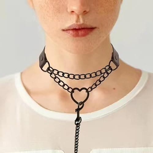 Tosmifairy Vintage Love Heart Black Leather Choker Collar and Leash Set Sexy Role-Play Emo Gothic Cospaly Accessories thumbnail 7