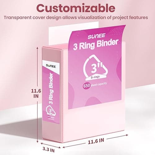 SUNEE 3 Ring Binder 3 Inch D Ring, Clear View Binder Three Ring PVC-Free (Fit 8.5x11 Inches) for School or Office Supplies, Pink, 2 Pack thumbnail 2