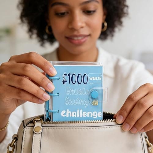 RSORGN Mini Money Saving Challenge Binder, Portable Budget Book with Cash Envelopes to Save $1000 for Home Office School Finance Planning (Blue) thumbnail 3