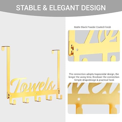 Azmoncy Over The Door Hooks, Towel Rack Towel Hooks for Bathroom, Towel Holder for Hanging Heavy Duty, Door Rack Over Door Hanger with 5 Coat Hooks for Bedroom Bathroom Kitchen（Light Gold） thumbnail 3