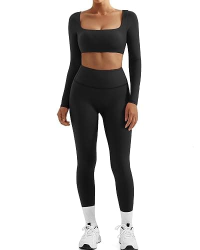 SUUKSESS Women 2 Piece Workout Sets Compression Tummy Control Leggings with Pockets Long Sleeve Square Neck Padded Crop Tops - Image 1