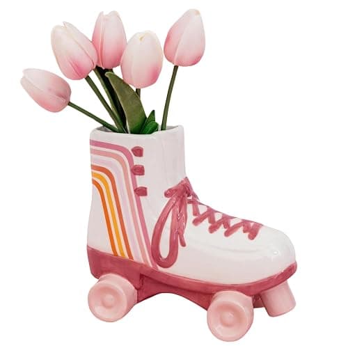 Steel Mill & Co. Cute Retro Ceramic Roller Skate Vase | Flower Vase and Desk Pot Pen and Pencil Holder, Vintage Decor for Home or Office, Small Round Container - Image 1