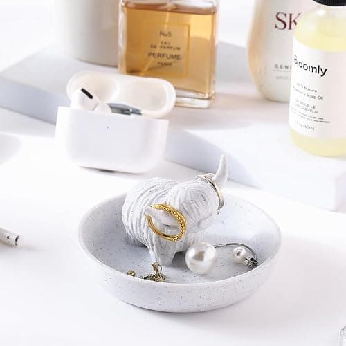 Awsaccy Highland Cow Ring Holder with Circular Dish, 3D Printed Plastic Farmhouse & Bohemian Style Cute Unique Women Gifts Stuff Ring Jewelry Plate Organizer for Bathroom Office Home Room Desk Decor thumbnail 6