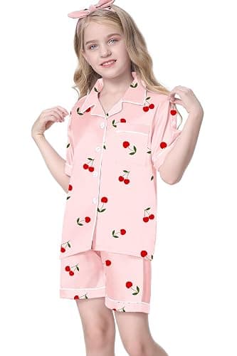 Umeyda Women & Girls Pajamas Set, Soft Satin Lightweight Silk Button-Down Top with Shorts 2 Piece PJS for Mom Boys Kids Gifts thumbnail 2