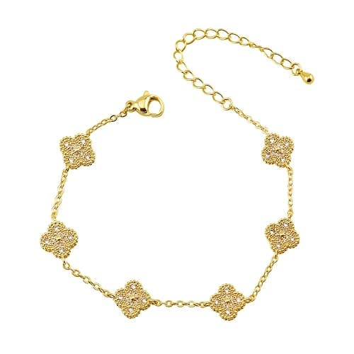 FidelongJH Four Leaf Clover Bracelet for Women 18K Gold Plated Stainless Steel Lucky 4 Leaf Gold Link Bracelet Trendy Jewelry Gift for Women - Image 1
