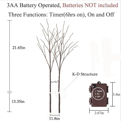 BAOLITVINE Lighted Willow Branches with Timer Battery Operated 100 LED Fairy Lights, Brown Twig Branches 32IN for Home Bedroom Fireplace Christmas Decoration Inside Outdoor thumbnail 2