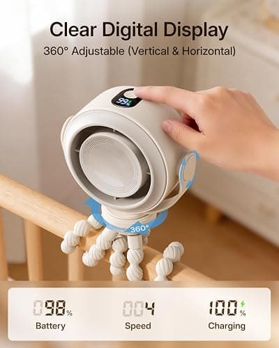 SWEETFULL Portable Stroller Fan, Pinch-Proof Baby Fan, 10H Battery, 5-Speed Quiet Mini Clip on Fan, USB-C Rechargeable with LED Display for Car Seat, Crib & Travel - Cream thumbnail 6