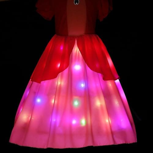 HORTYZON Girls Princess Dress Peach Costume Super Bros Kids LED Light Up Princess Dress for Deluxe Halloween Party Dress Up - 3-4 Years thumbnail 3