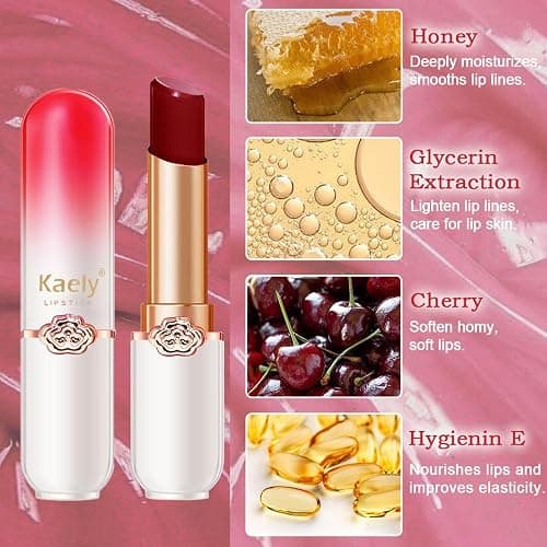 evpct 3Pcs Magic Color Changing Lipstick Long Lasting Waterproof 24 Hours Original for Women, Peach Strawberry Black Red Cherry Pink PH Mood Permanent Color Changing Lipstick Lip Balm, labial magico - 0.3 Ounce (Pack of 1) - 3Pcs Red Cherry Peach Strawberry thumbnail 5