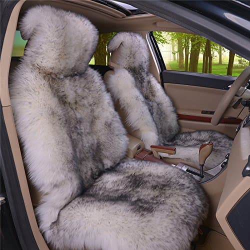 IMQOQ A Pair Genuine Sheepskin Car Seat Covers Luxury Fur Long Wool Car 2 Front Seat Covers Set Winter Warm Universal White Grey thumbnail 2