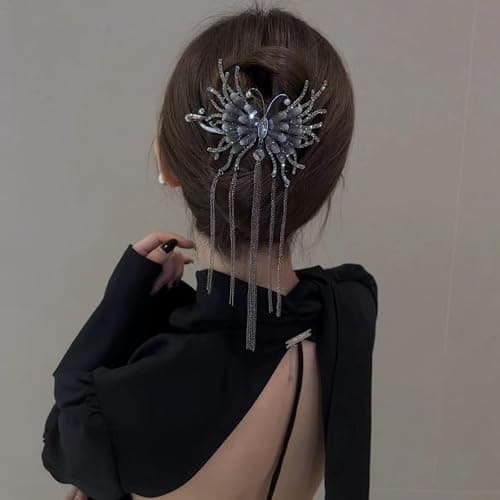 Rhinestone Butterfly Tassel Hair Clips, Glitter Claw Hair Accessories for Women - Image 1