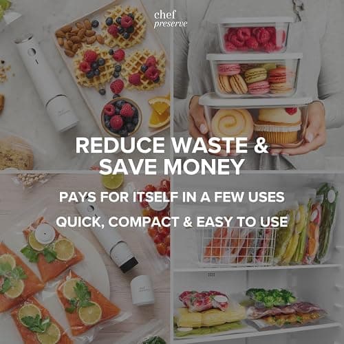 Chef Preserve Compact Vacuum Sealer for Food (Vacuum Sealer Machine + 3 Glass Vacuum Containers + 30 Reusable Vacuum Bags) Powerful Handheld Vacuum Seal Machine, Seal Meal Saver, Portable Food Sealer thumbnail 8