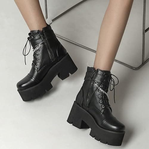 LUXMAX Women Buckle Goth Chunky Platform Ankle Boots Lace Up High Heel Motorcycle Boots with Chain thumbnail 2