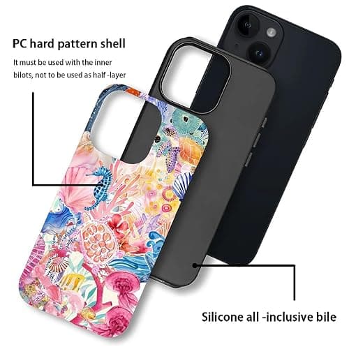 DAIZAG Phone Case Compatible with iPhone 13/14,Pink Sea Creature Turtle Mixed 2 Layer Soft Silicone+Hard PC Ddouble Protection Ultra-Thin Phone Case for iPhone 13/14 thumbnail 2