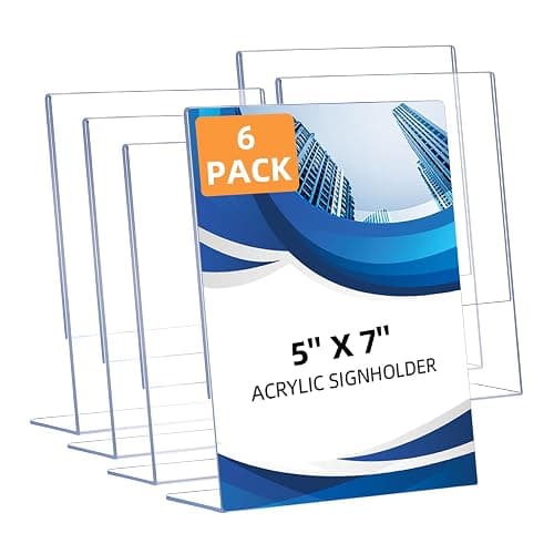 6 Pack Slanted Back Acrylic Sign Holders 5x7 for Business & Store, Tabletop Vertical Sign Holder with Anti-Slip Pads Clear Display Stand, for Menus Flyers Documents Office Restaurants Party Decoration - Image 1
