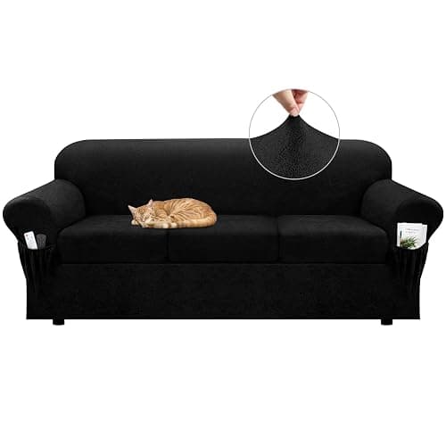 Pfrstuv Sofa Slipcover with Armrest Pockets 4-Piece Set, Stretch Faux Leather Couch Cover for 3-Cushion Couches(Fits 72-92") - Non-Slip, Machine Washable, Pet & Kid Friendly - Black - Image 1