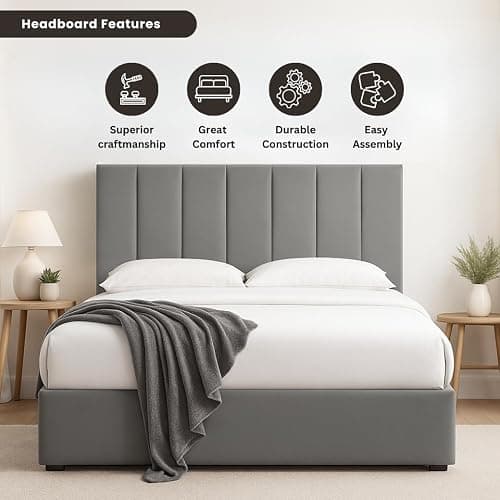 hm bedding Velvet Upholstered Headboard for Divan Beds – 20-Inch Lined Extra Padded Plush Headboard with Wooden Struts – Luxury Bedroom Furniture (Grey, Double) thumbnail 5