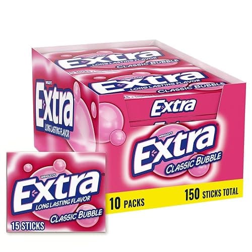 EXTRA Classic Bubble Gum Sugarfree Bulk Chewing Gum, 15 Count, 10 Pack | Long Lasting Classic Bubble Gum Flavor, Individually Wrapped Packs for Sharing, for Fresh Breath at School, Work and Travel - Image 1