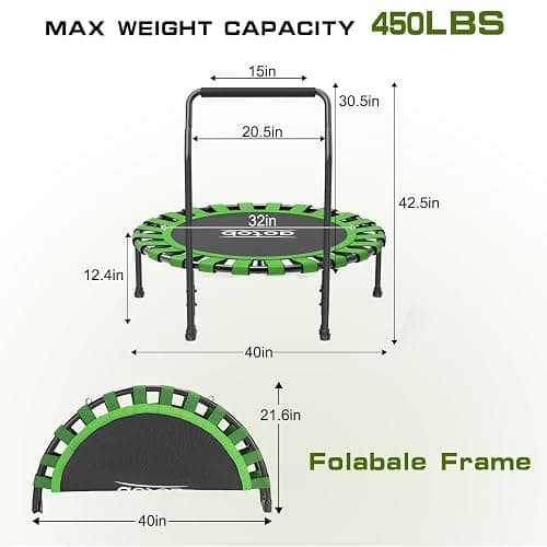 AOTOB 40/48" Fitness Trampoline for Adult, Max Load 450 LBS, Foldable Mini Trampoline with Durable Bungees,Small Rebounder Exercise Trampoline with Bar for Workout for Quiet & Safely Cushioned Bounce thumbnail 2