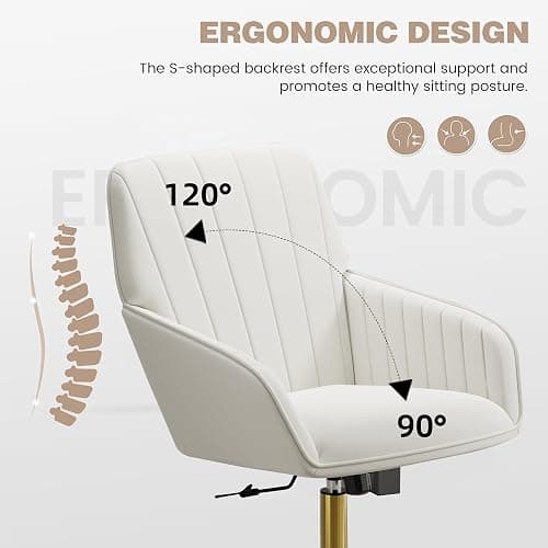 YISHENG Velvet Home Office Chair with Gold Base Upholstered Tufted Modern Height Adjustable 360 Degree Swivel Desk Chair with Wheels, Vanity Chairs for Living Room, Bedroom,Study Room (Cream) thumbnail 8